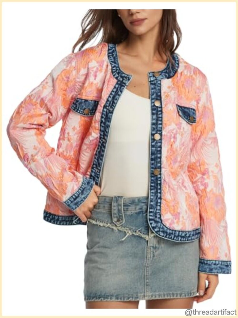 Women's Floral Jacquard Cropped Denim Jacket Long Sleeve Casual